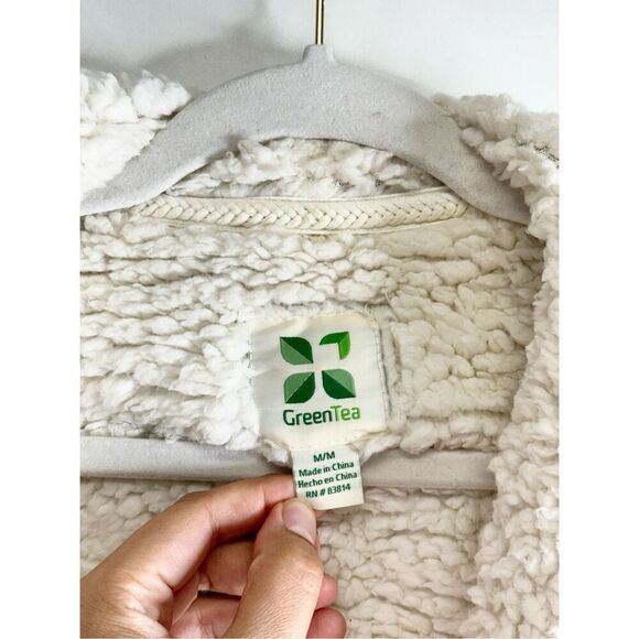 Green Tea Sherpa Lined Open Cardigan Tan Womens Size Medium Side Pockets - Picture 7 of 7